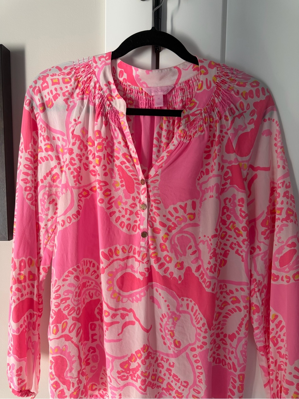 Lilly Pulitzer Pink Printed Smocked-Neck Blouse